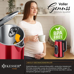 Waterkoker met temperatuurregeling - RVS - met LED - 1.7L - 2200W - Rood •