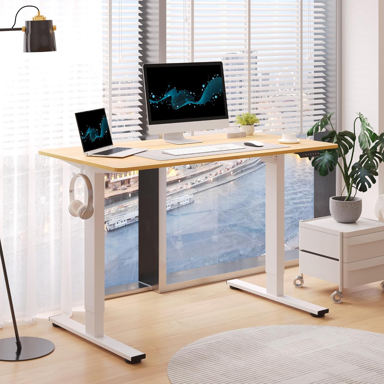 FLEXISPOT ONE PIECE elektrisch sta-bureau, in hoogte verstelbaar, sta-bureau, zit-sta bureau, verstelbaar bureau, sta-bureau voor thuiskantoor (100 x 60 cm, wit frame + esdoornbureaublad)