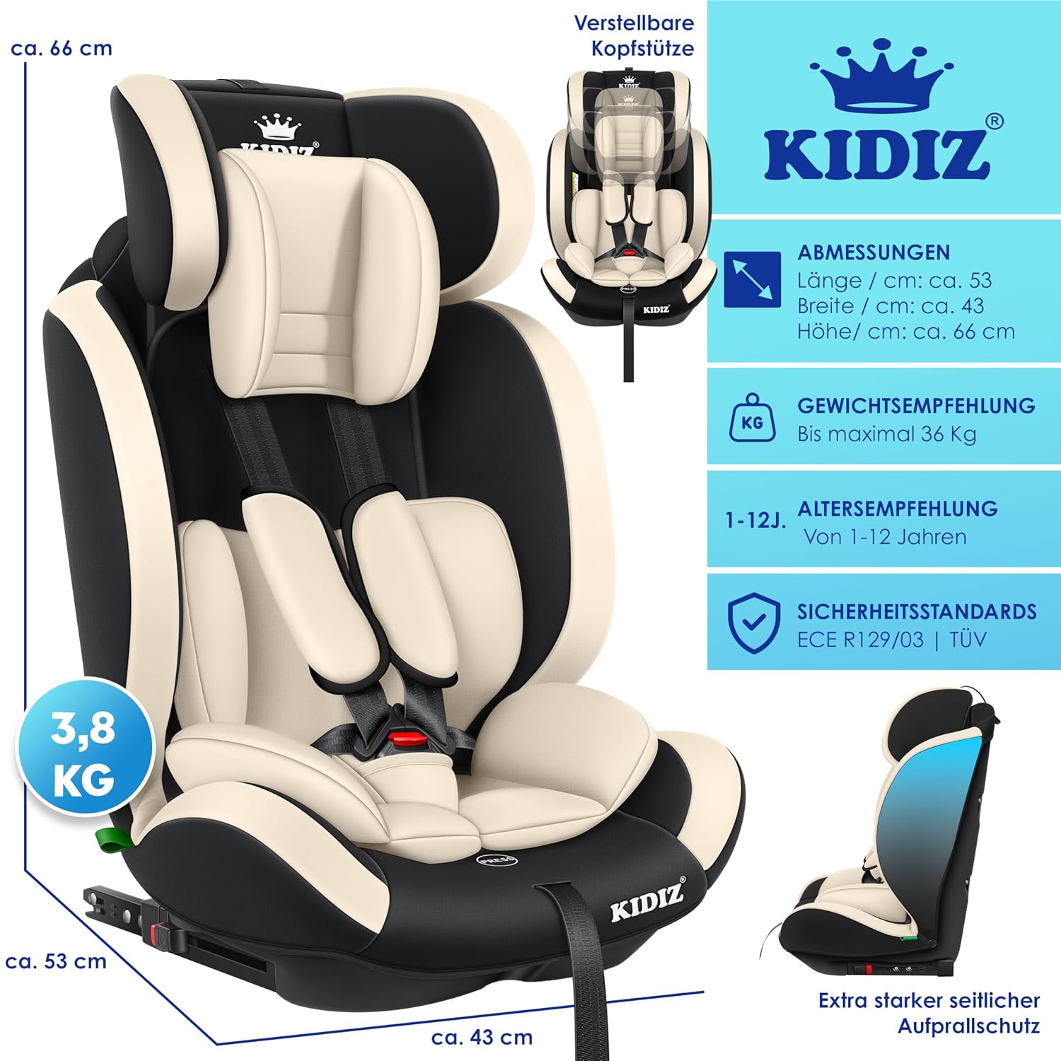 KIDIZ® Autostoeltje - 5-punts veiligheidsgordel - Beige