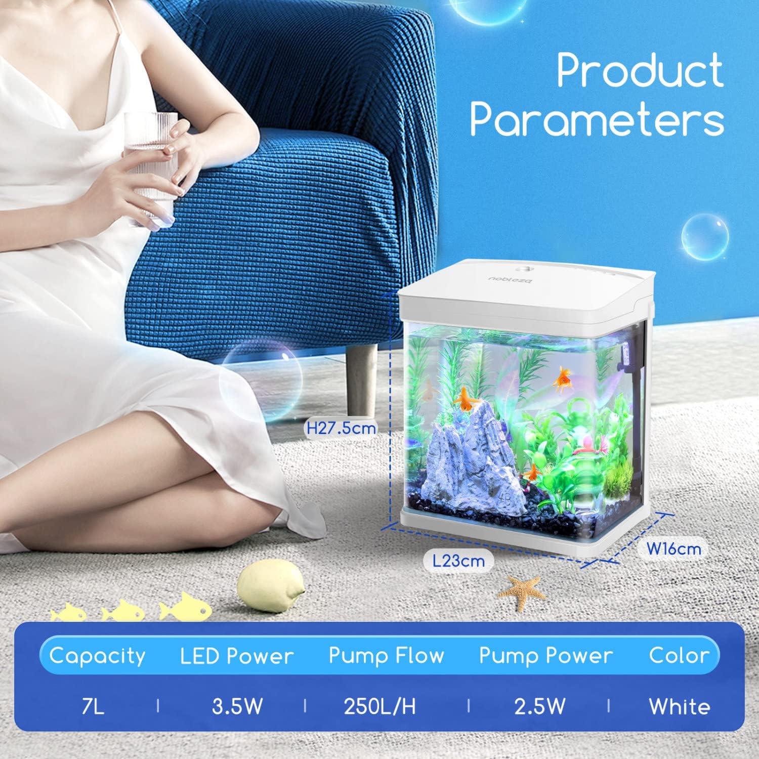 Nobleza - Aquariumaquarium met ledlampen en filtersysteem, tropische aquaria, 7 liter, wit •