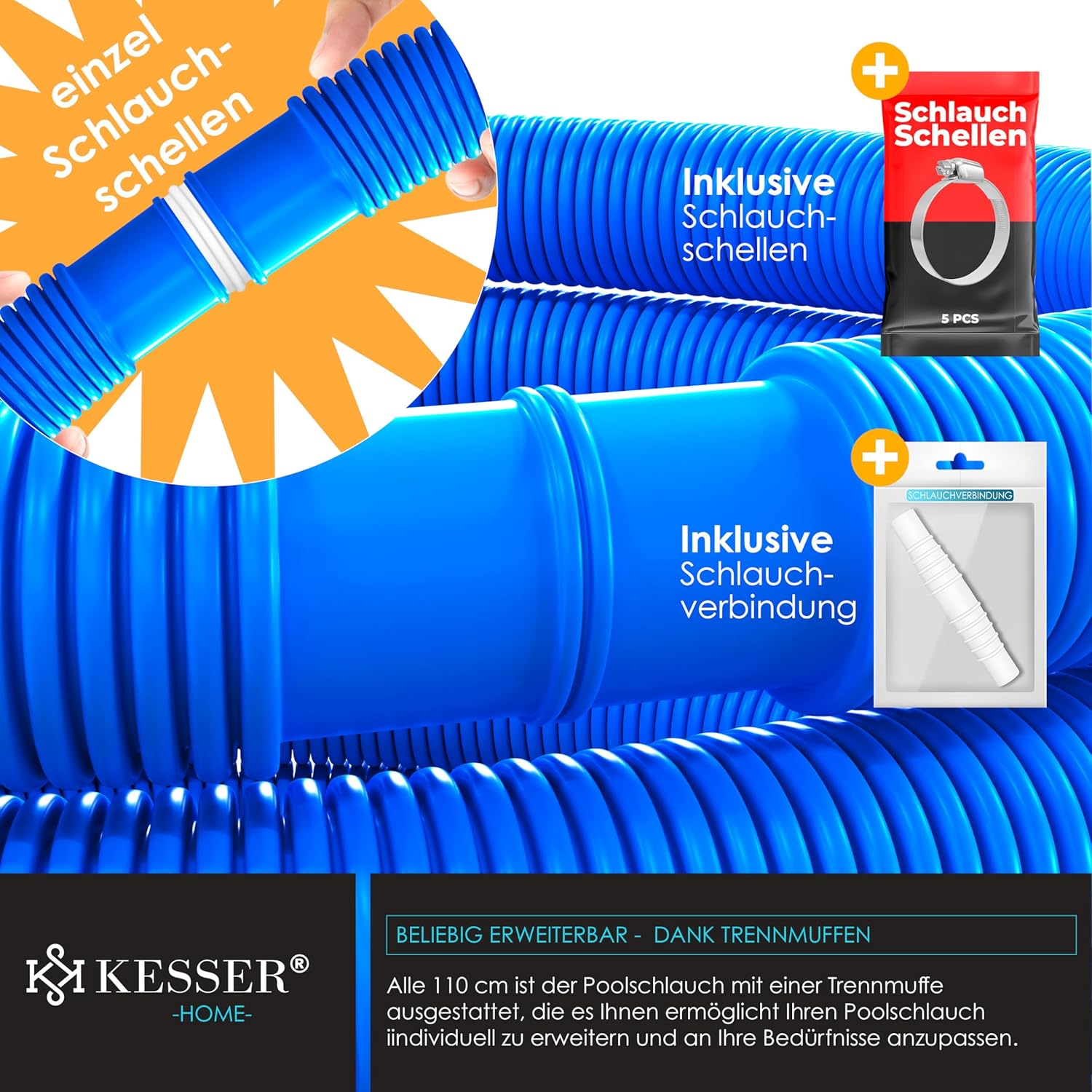 KESSER® Zwembadslang 8 m / Ø 38 mm | zwembadslang met | zonne-slang voor zwembad | zuigslang | pompslang | flexibele waterslang incl. slangklemmen en -verbinding | blauw