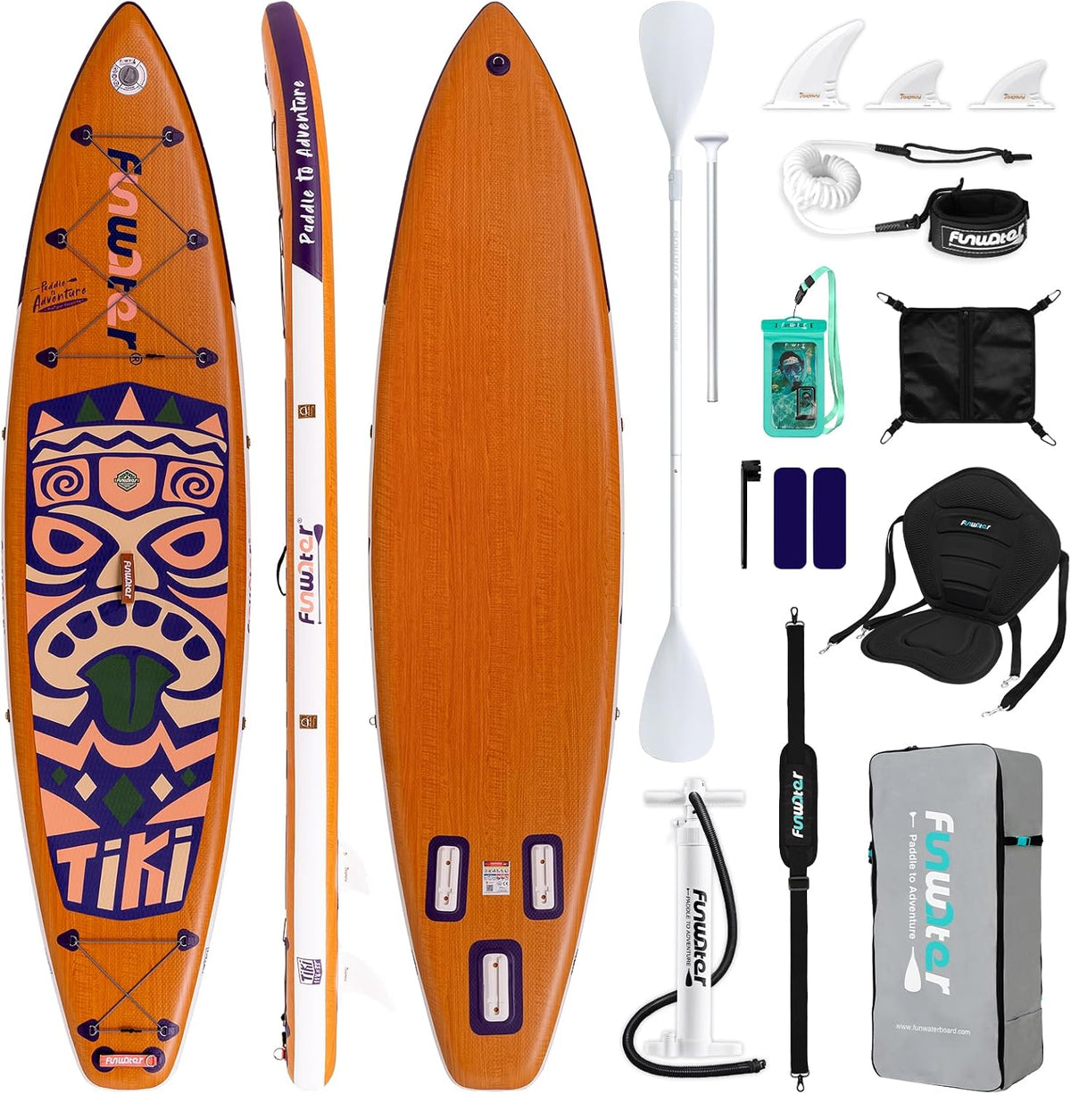 FunWater 350cm SUP Board, opblaasbaar stand-up paddle board voor alle niveaus, ideaal voor beginners & gezinnen, met antislip EVA-deck, peddel, pomp & complete accessoires