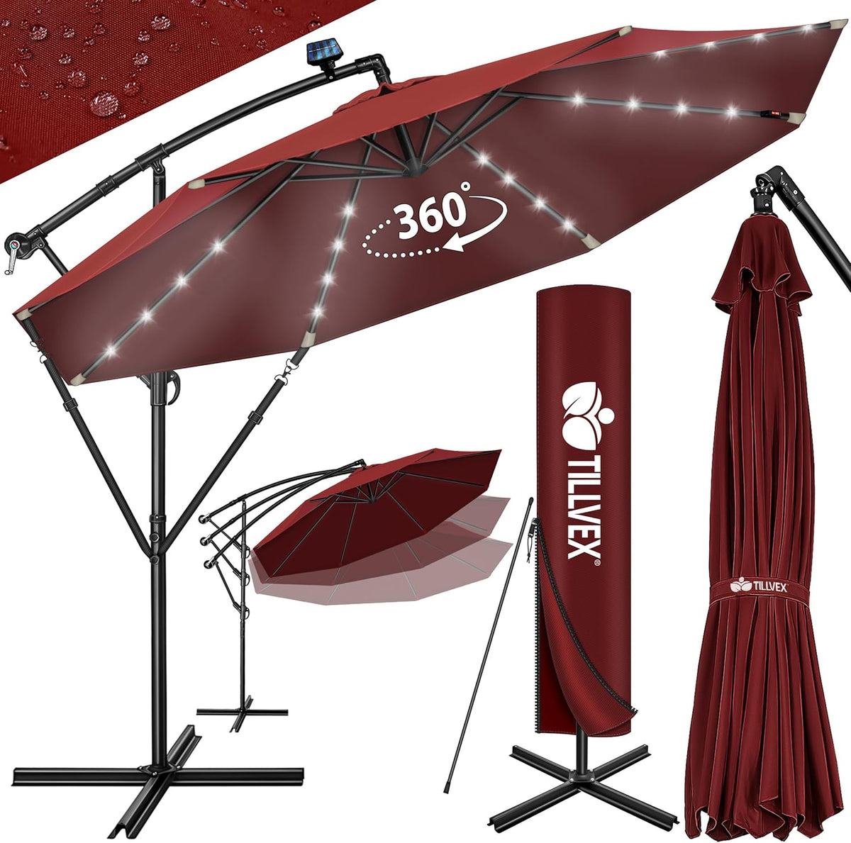 Zweefparasol - Tuinparasol - Parasol 350 cm - Met voet - Met Parasolhoes - Rood - Tillvex