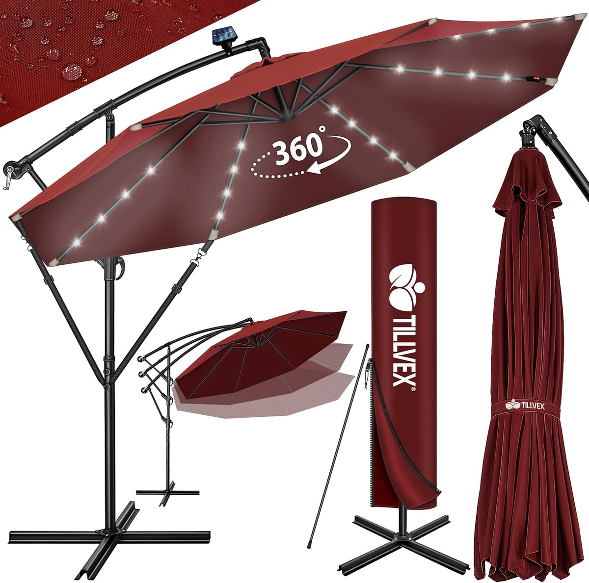 tillvex Aluminium zweefparasol + afdekking, led zonne-energie, Ø 300 cm, met zwengel, afdekking + standaard, parasol met windscherm, tuinparasol, uv-bescherming aluminium, zwengelparasol, marktparasol, rood