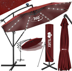 tillvex Aluminium zweefparasol + afdekking, led zonne-energie, Ø 300 cm, met zwengel, afdekking + standaard, parasol met windscherm, tuinparasol, uv-bescherming aluminium, zwengelparasol, marktparasol, rood