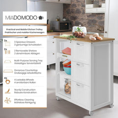 MIADOMODO® Keukenwagen op wielen - 3 laden, 3 niveaus, werkblad, hout/MDF, 67x37x87cm, wit - serveerwagen, rolwagen, keukentrolley, keukenkast landhuisstijl, bijzetwagen, keukenrek