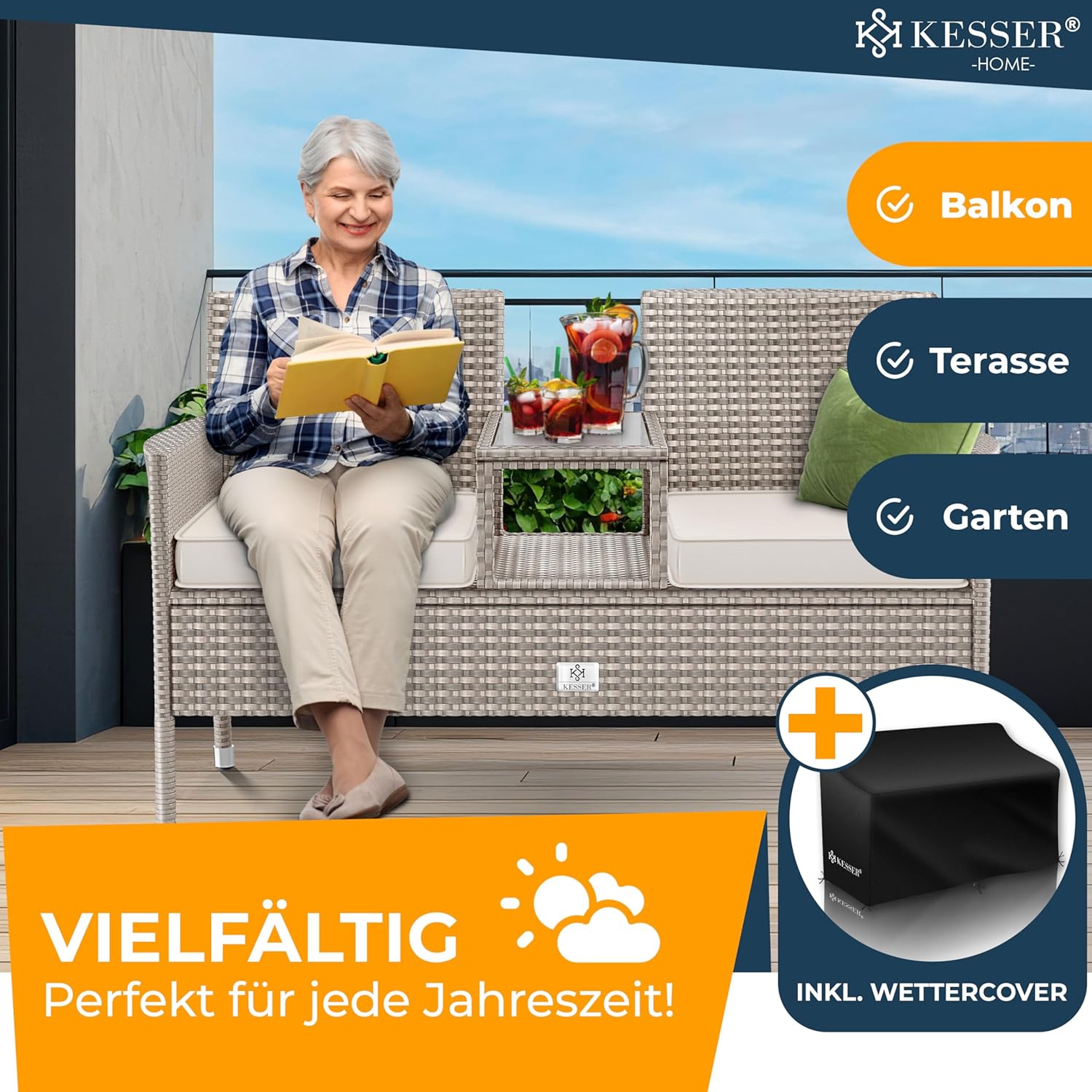 KESSER® Polyrotan tuinbank - Weerbestendig - Inc. Kussens - Grijs •