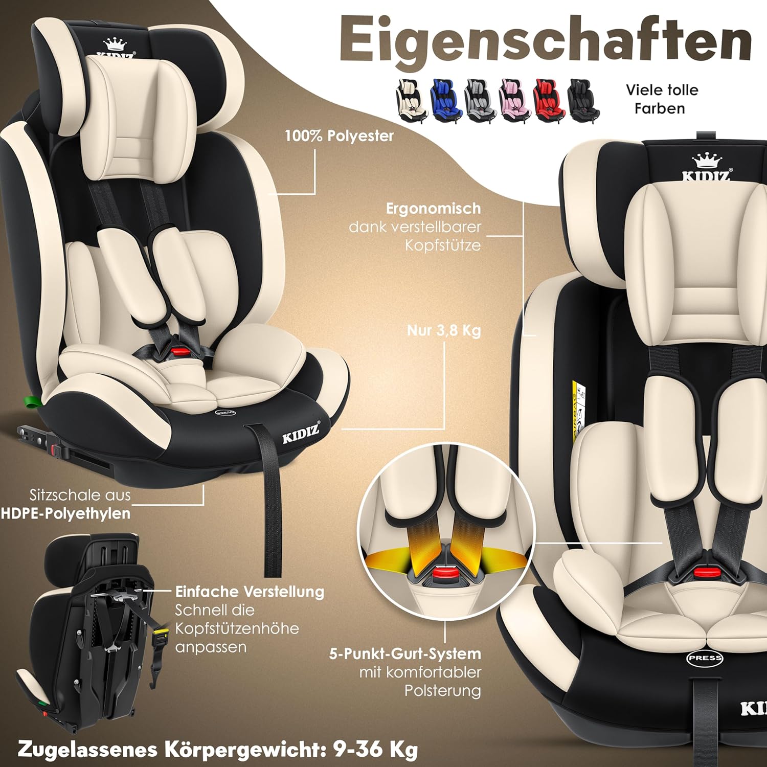 KIDIZ® Autostoeltje - 5-punts veiligheidsgordel - Beige