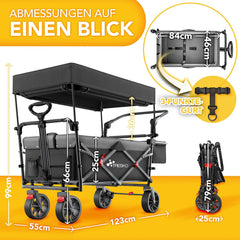 TRESKO® Opvouwbare bolderkar met dak, koelvak en zijrolluiken, handwagen, max. belastbaar tot 150 kg, transportwagen met massief rubberen banden en parkeerremmen (voor en achter) en 3-punts gordel