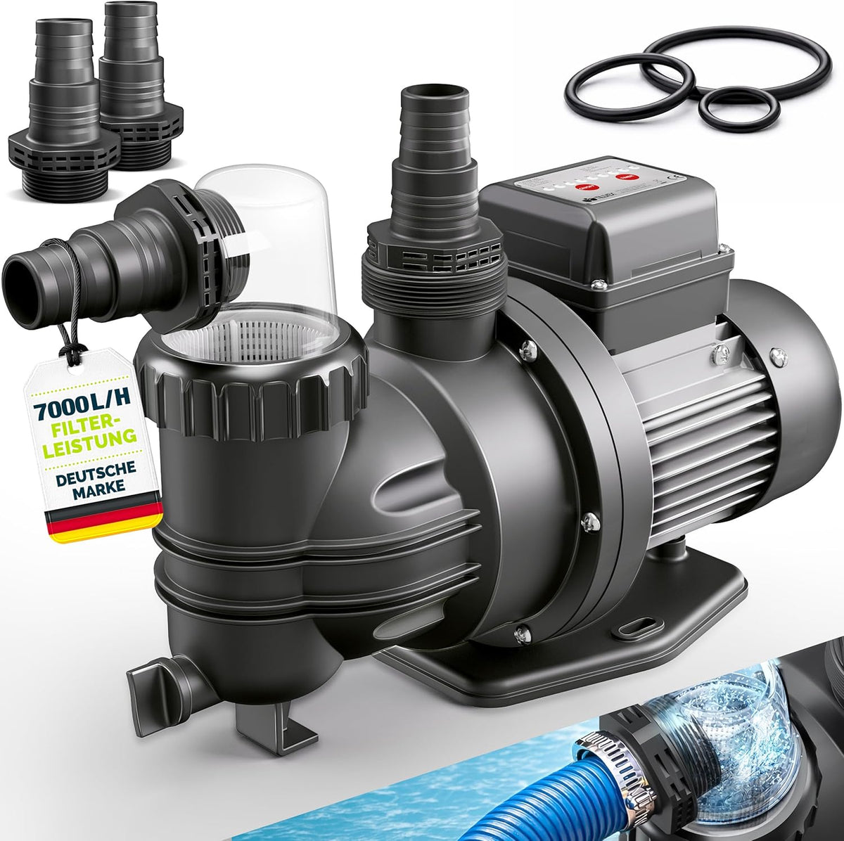 tillvex Filterpomp zwembad met timer 7.000 l/u & 250 W | zwembadpomp opvoerhoogte max. 7,5 m | zwembadfilter circulatiepomp voor 22 m³ zwembaden | zwembadpomp zelfaanzuigend voor zwembaden