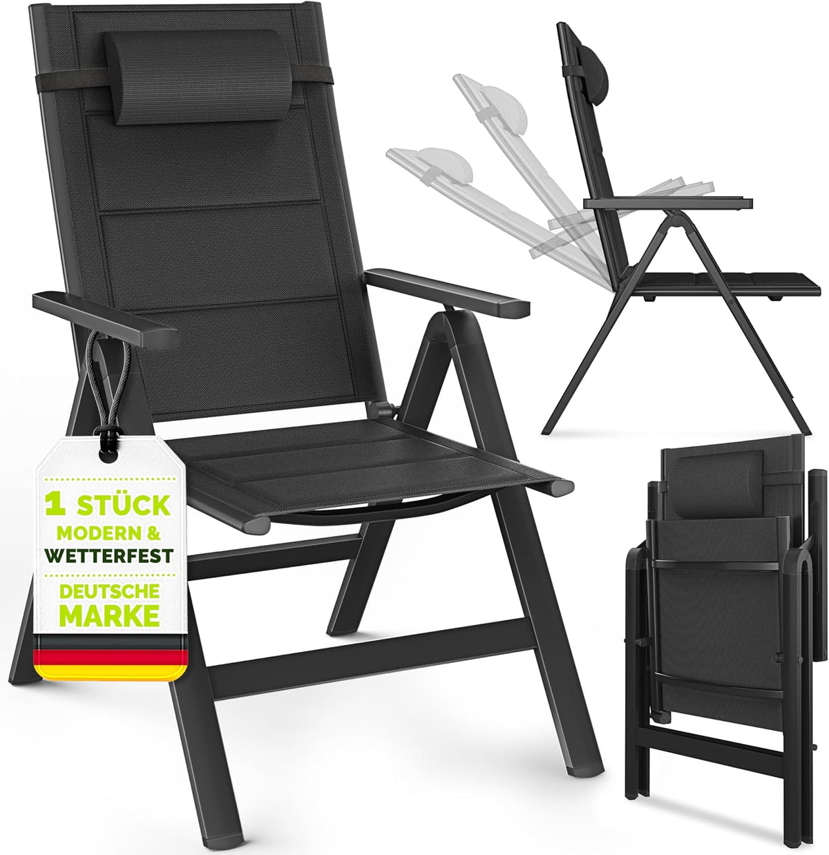 tillvex® Tuinstoel met hoge rugleuning, 1 stuk, met armleuningen en hoofdkussen | Klapstoel 7-voudig verstelbaar incl. bekleding | campingstoel inklapbaar, weerbestendig en ademend | tuinstoelen aluminium