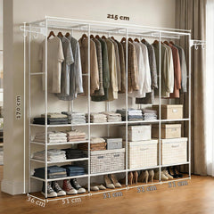 ST Open kledingkast, stabiel, afmetingen 215 × 36 × 170 cm, complete accessoires, met 10 vakken en 2 haken, wit