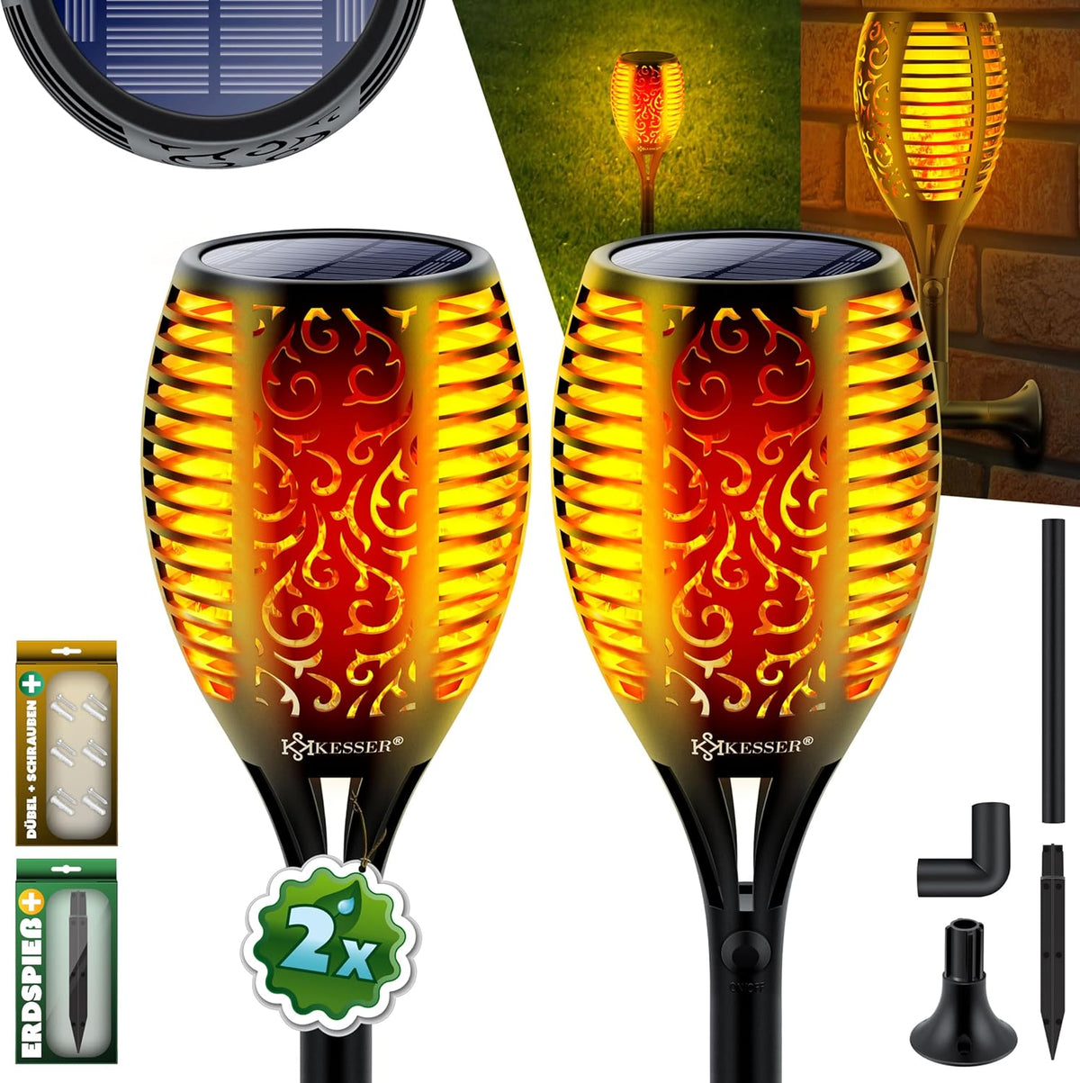 KESSER® 2 Solar Tuinfakkels - Tuinverlichting - Sensor - Zwart