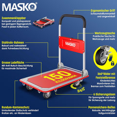 MASKO® Platformwagen, transportwagen, magazijnwagen, inklapbaar, incl. werkhandschoenen, parkeerrem, transporthulp, met 6 veiligheidsogen, 360° zwenkwielen, pakketwagen vouwwagen (rood, 150 kg)