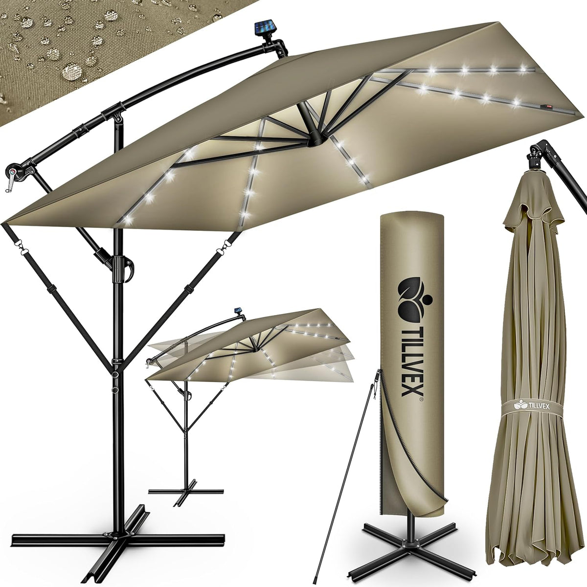 Tillvex® LED Parasol - Rechthoekig - 235x235cm - Verstelbaar - Bruin •