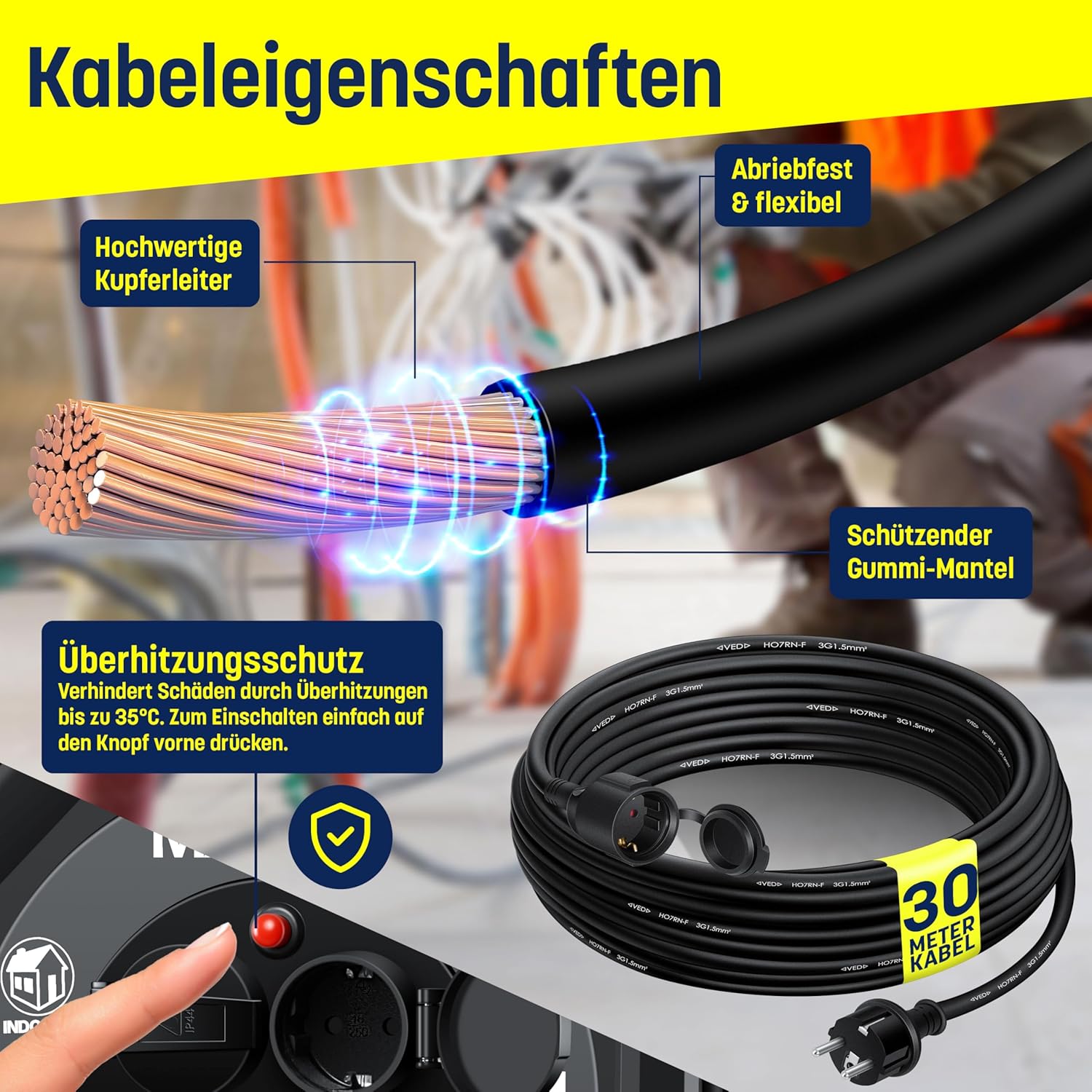 Masko® Kabelhaspel 20 m, verlengkabel met geaarde stopcontacten en wikkelgreep, outdoor kabelhaspel thermobescherming, apparaattrommel IP44, 1000 W ~ 3000 W, inclusief draaggreep en