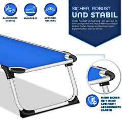 tillvex® Zonneligstoel met dak en hoofdkussen, opvouwbare ligstoel, strandstoel met verstelbare rugleuning, aluminium ligstoel, blauw
