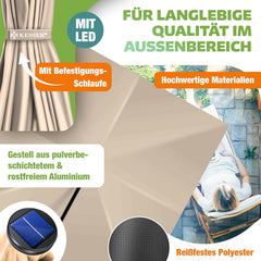 KESSER® Parasol 250 x 250 cm met ledverlichting, parasol voor balkon, tuin, zonwering, frame en standaard van aluminium, uv-bescherming, waterdicht en windbestendig, beige, met LED