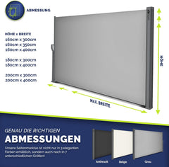 tillvex® Zijmarkies, 180 x 300 cm, uittrekbaar en ondoorzichtig, met regenhoes, inkijkbescherming, balkon, tuin en terras, zijrolgordijn met wandhouder, zonwering van roestvrij staal, grijs