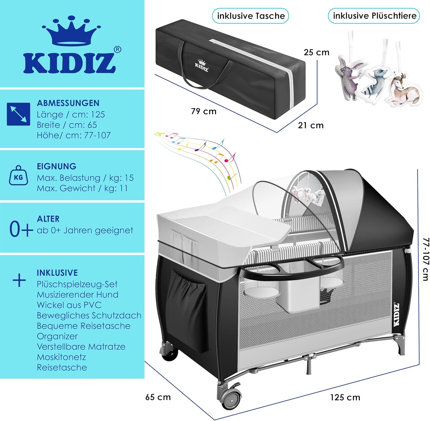 KIDIZ® 3in1 Babybedje - Campingbedje - Ledikant  - Zwart