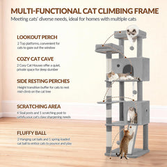 Krabpaal 178 cm, grote kattenboom, krabpaal voor grote katten, stabiel met krabzuilen, krabplank, 2 comfortabele kattenholtes, 2 bovenplatforms, zijrustplatform, pompons, lichtgrijs