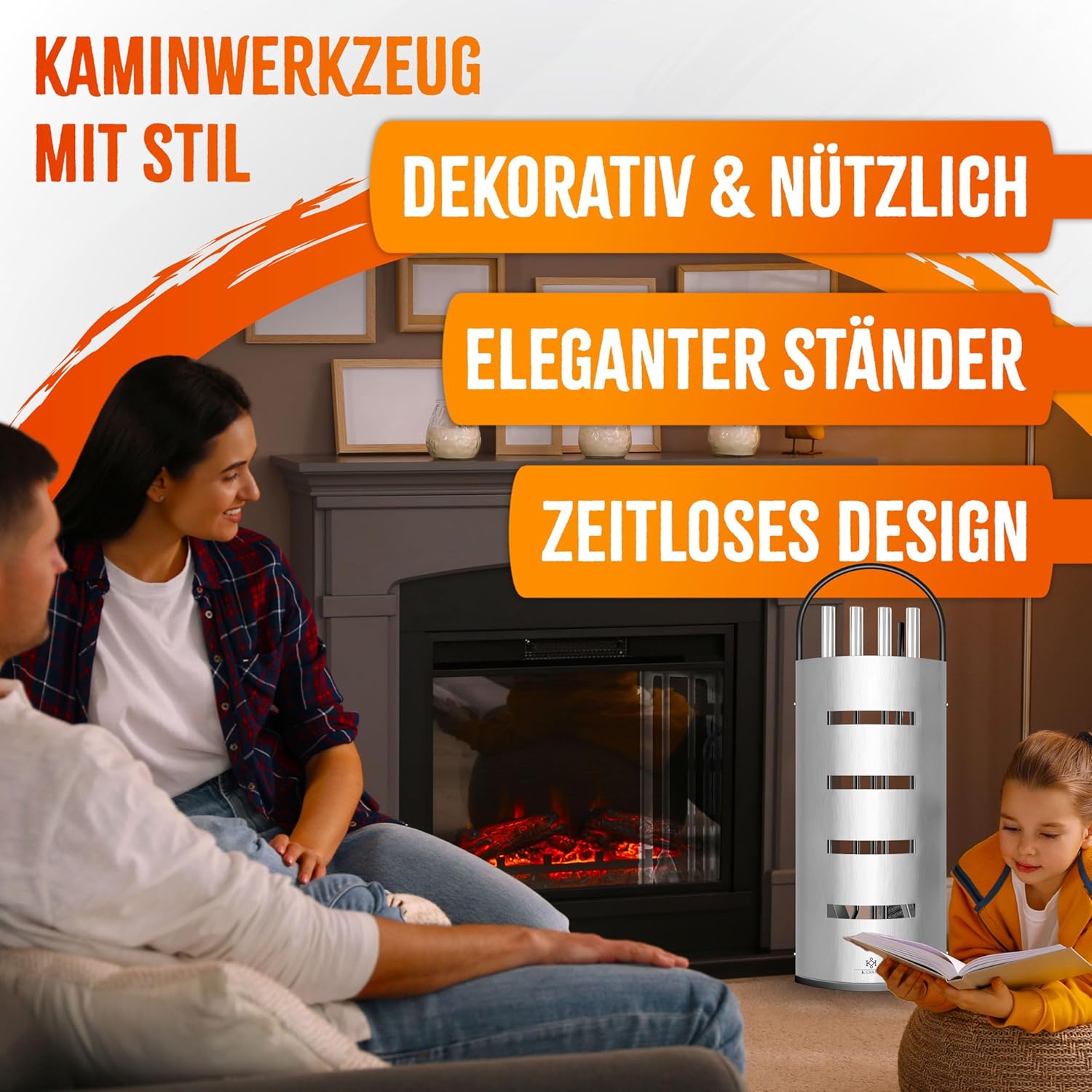KESSER® Haardaccessoires, 5-delige haardbestek, modern design, gecoat, hoogwaardig haardgarnituur uit 5 delen: bezem, schep, pookhaak, tang, standaard met zichtbescherming, roestvrij staal, zilver