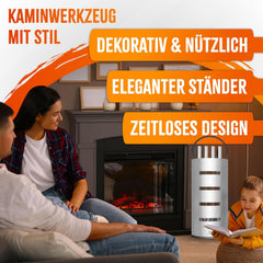 KESSER® Haardaccessoires, 5-delige haardbestek, modern design, gecoat, hoogwaardig haardgarnituur uit 5 delen: bezem, schep, pookhaak, tang, standaard met zichtbescherming, roestvrij staal, zilver