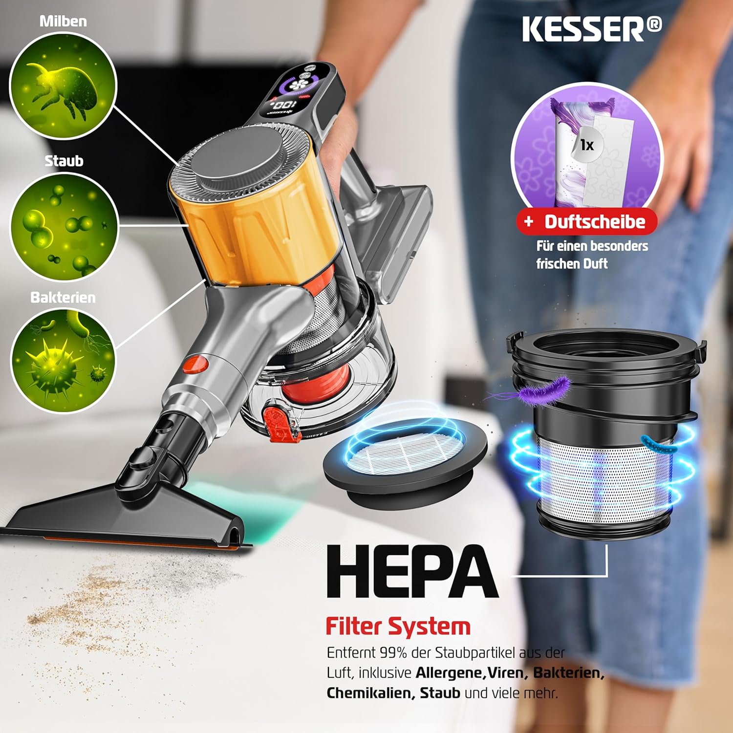 KESSER® Accustofzuiger draadloos tot 60 min. looptijd & stil | accustofzuiger met led-display, stofzuiger zonder zak, met anti-klit-vloerborstel voor harde vloeren, tapijt + geurschijf, HEPA-filter