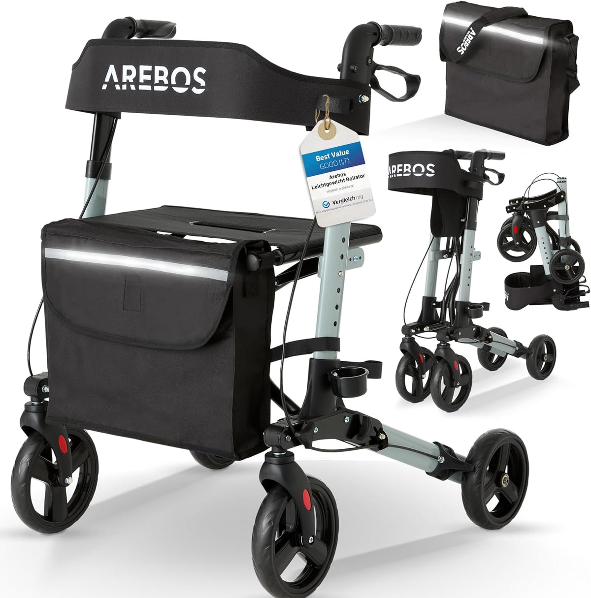 Arebos Lichtgewicht rollator van aluminium, 6-voudig in hoogte verstelbaar, opvouwbaar, incl. stokhouder en afneembare boodschappentas, loophulp met vastzetfunctie, zwart