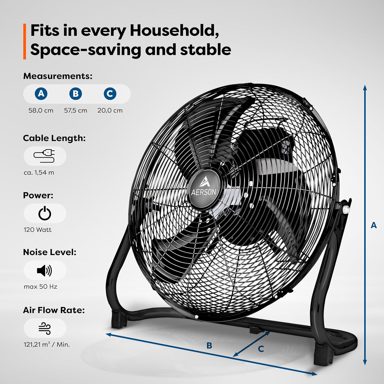 Aerson Vloerventilator - 50cm - 3 standen - 120W - Zwart