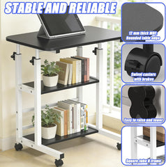 Verdego In hoogte verstelbaar bureau, bijzettafel met wielen, 2 planken, pc-tafel 40 x 60 x 63-90 cm, ruimtebesparend, kleine mobiele computertafel voor thuiskantoor, bank, bed (zwart)