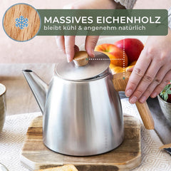 WALDWERK Theepot met zeefinzet - thermotheepot dubbelwandig - theepot met zeef van 304 roestvrij staal - theemaker met echte eikenhouten handgrepen - theepot 100% druppelvrij