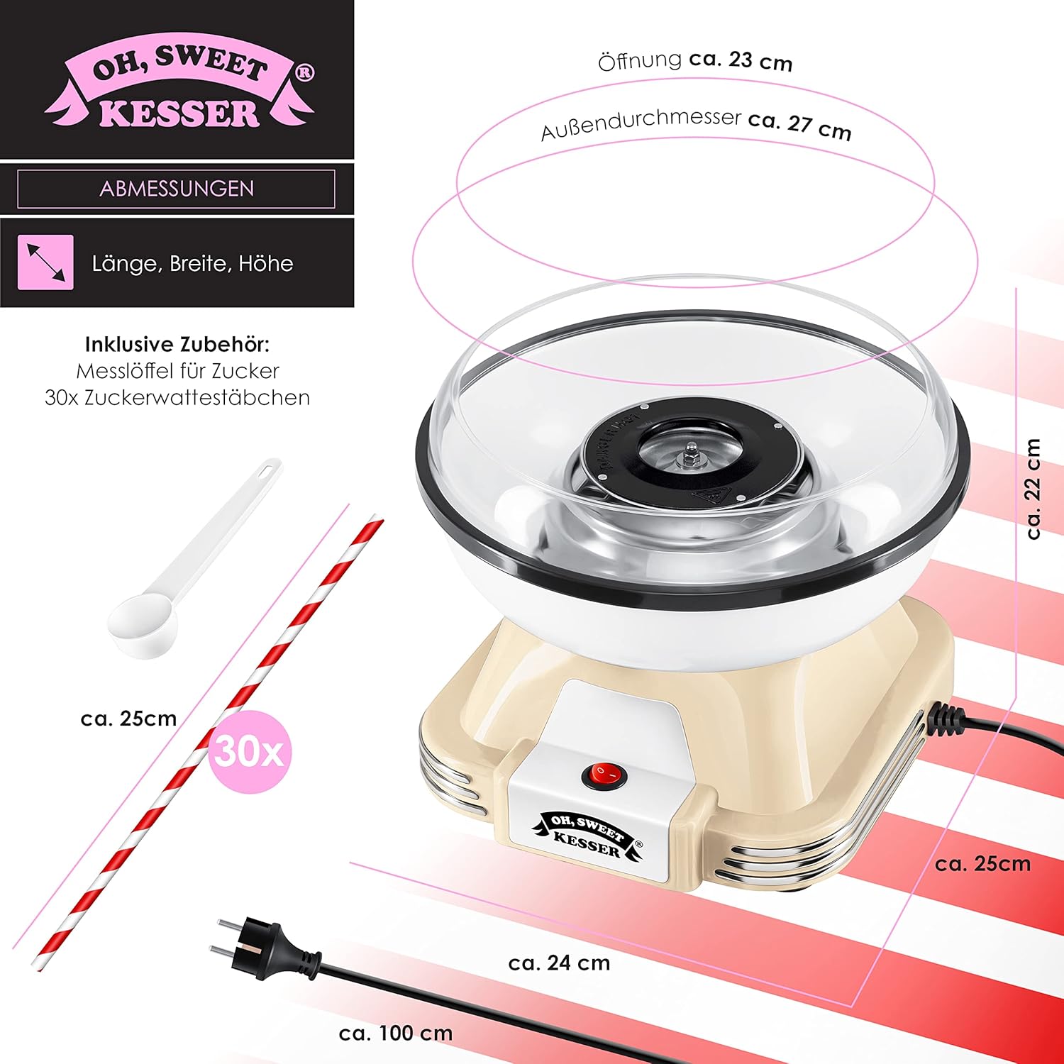 KESSER® Suikerspinmachine set voor je huis, met 30 x suikerspinstaafjes en maatlepels, retro katoenen snoepmachine, suikerspinmachine met accessoires, hoogte 22 cm, 500 W, crèmewit