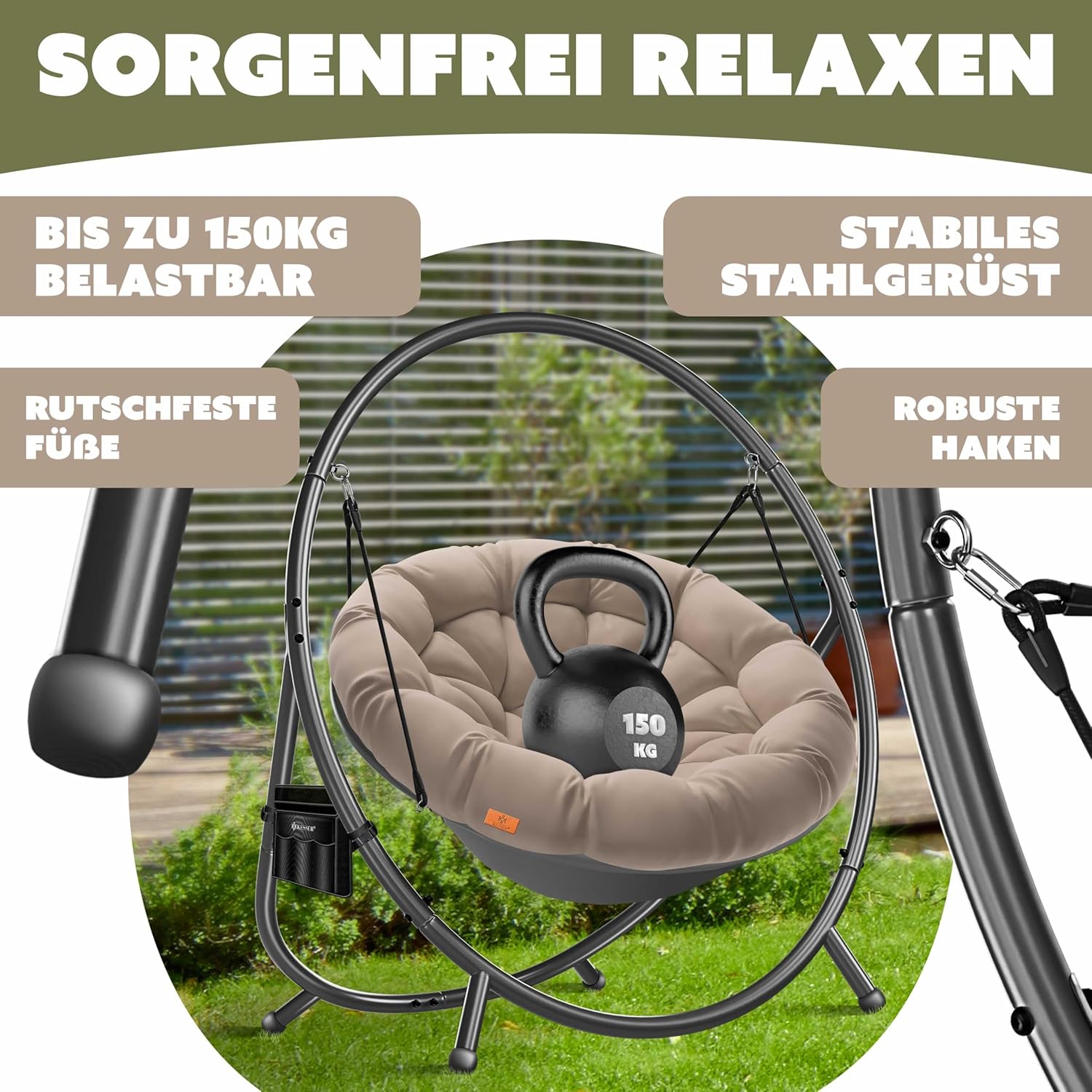 KESSER® Hangstoel met frame Bali hangschommel, hangstoel tot 150 kg, voor binnen en buiten, inclusief kussen en zijtas, hangmand, stalen frame en schuimrubberen zitkussen