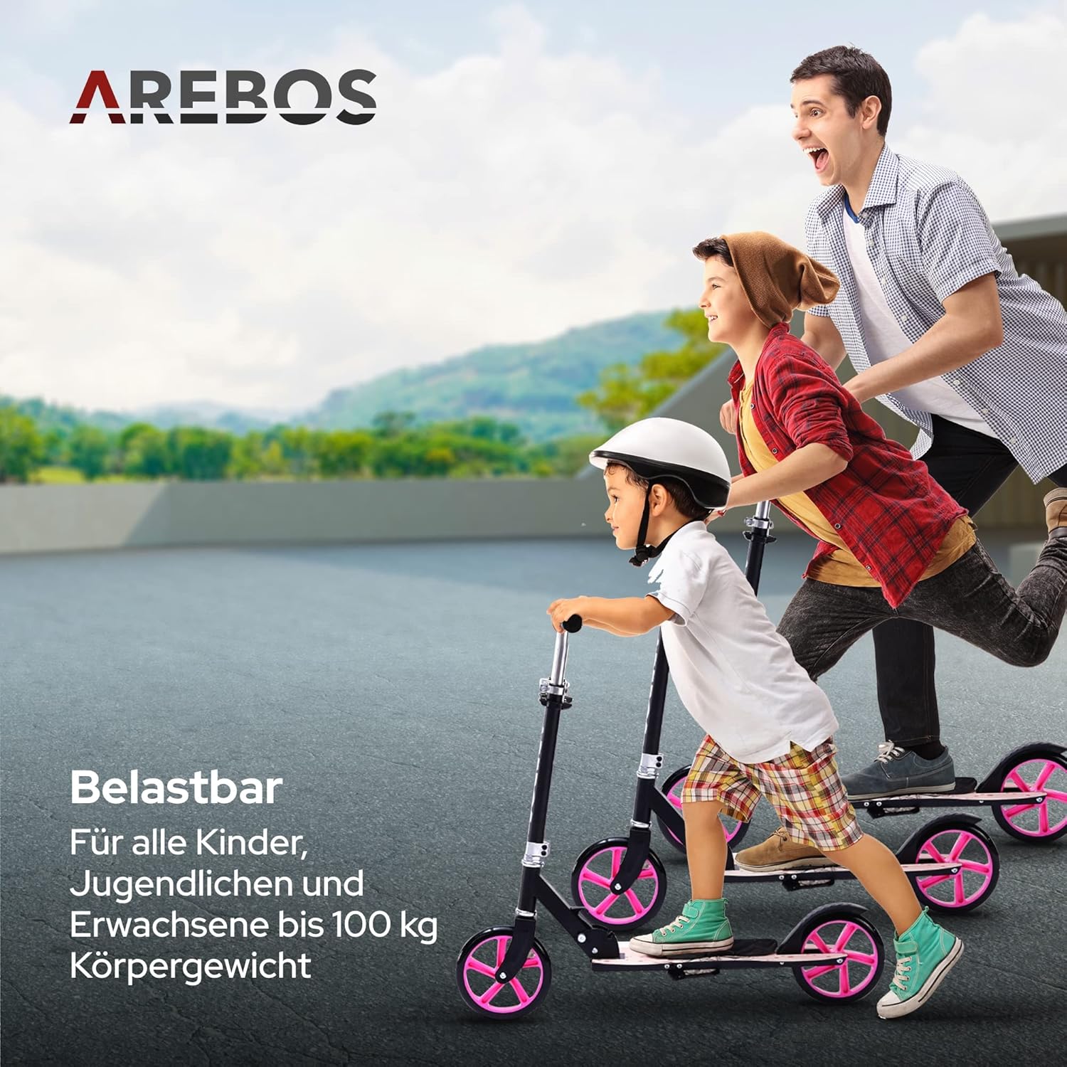Arebos Cityroller groene scooter in hoogte verstelbaar | inklapbaar | incl. draagriem | XXL wielen | traprem | voor kinderen en volwassenen | tot 100 kg belastbaar | kickscooter | kickscooter