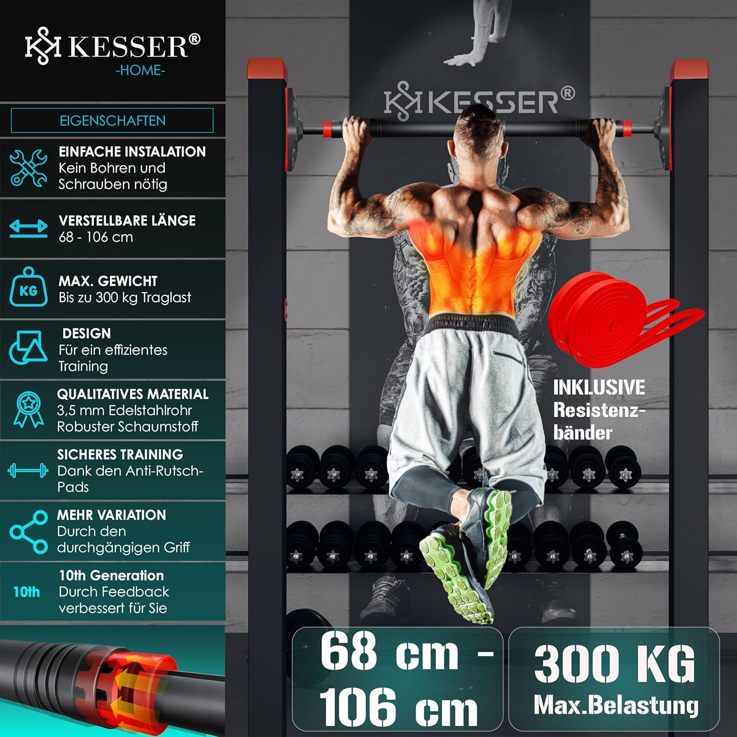 KESSER® Optrekstang - Pull-up bar - Zonder schroeven - 68-106 cm - Zwart