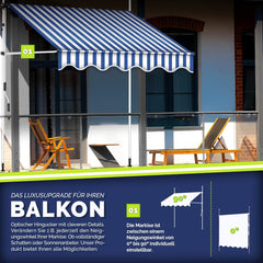 tillvex Klemluifel met handslinger, voor balkon, balkonluifel zonder boren, luifel uv-bestendig en in hoogte verstelbaar, zonwering, waterdicht (blauw-wit, 150 cm)
