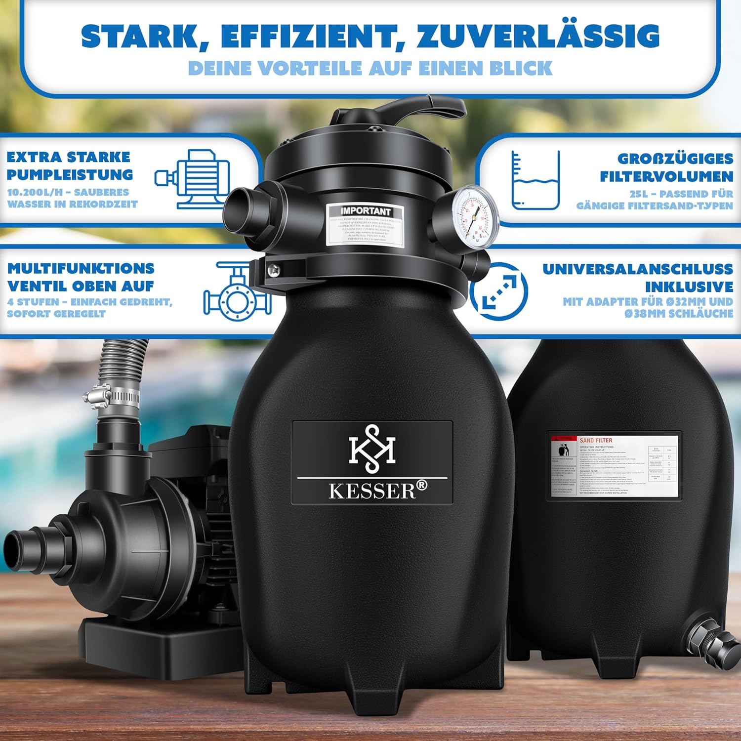 KESSER® Zandfilter - Zandfilterpomp - 10200L/u - Zwart