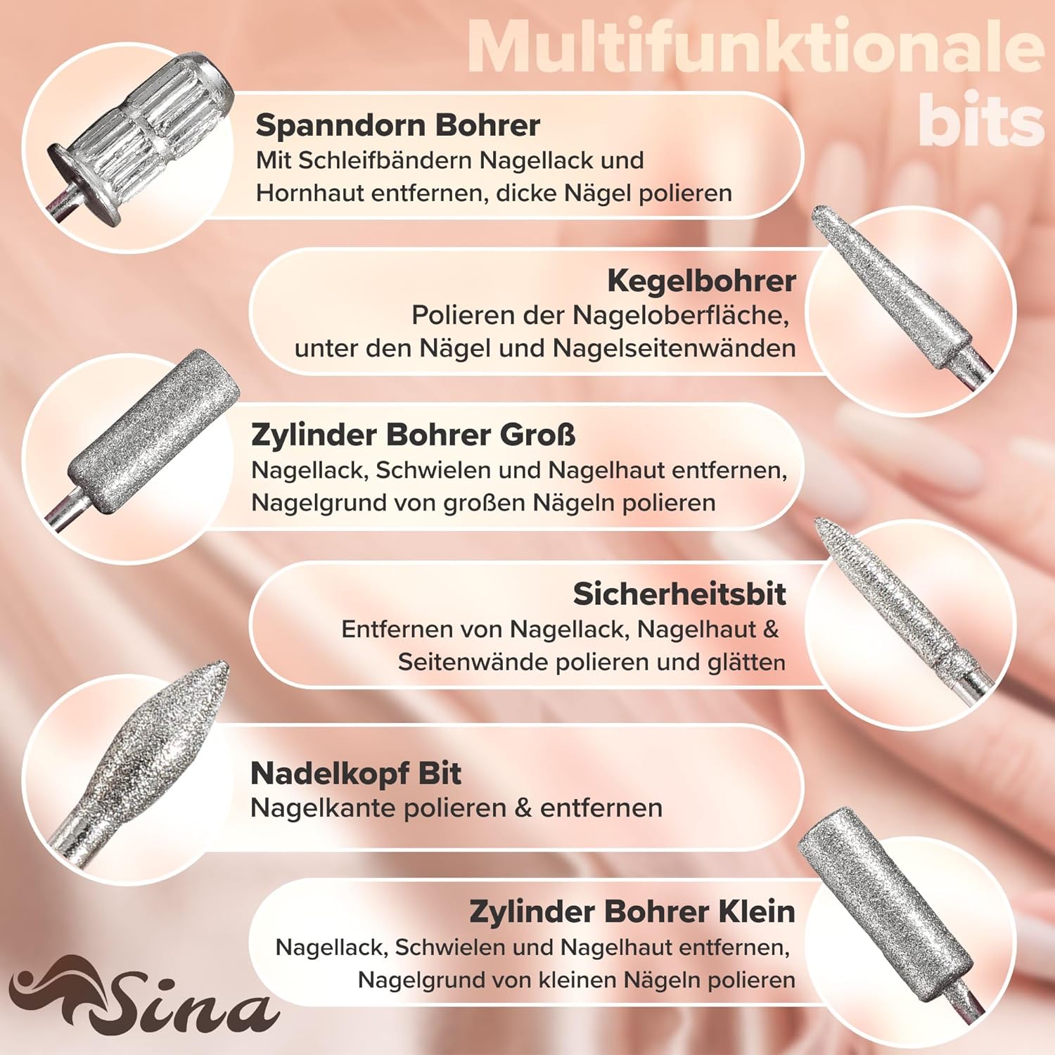 Sina Nagelfrees, frees, manicure nagel, 30-delige diamantfreesset + 100 schuurhulzen + 2 vijlblokken
