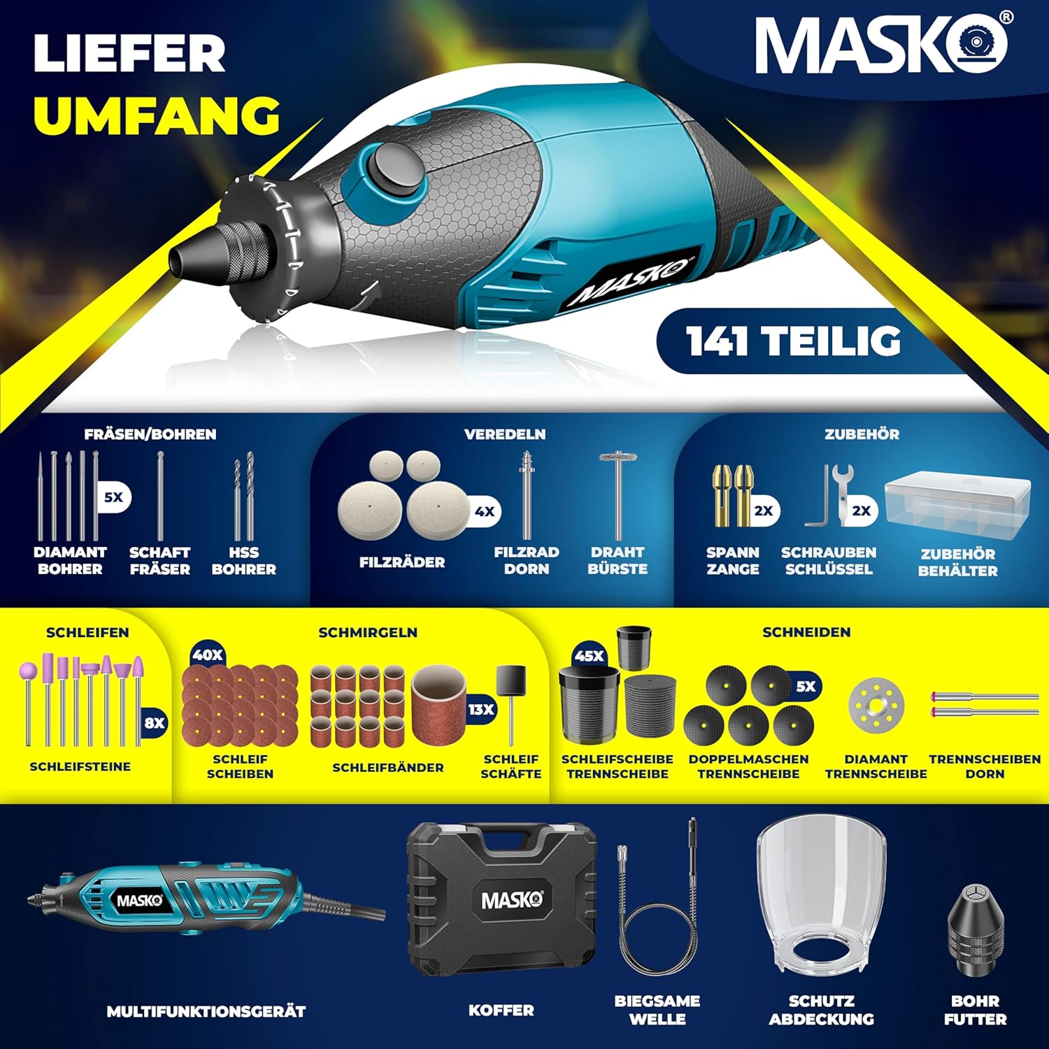 MASKO® Multitool - Roterend - 141-delige accessoireset - Blauw