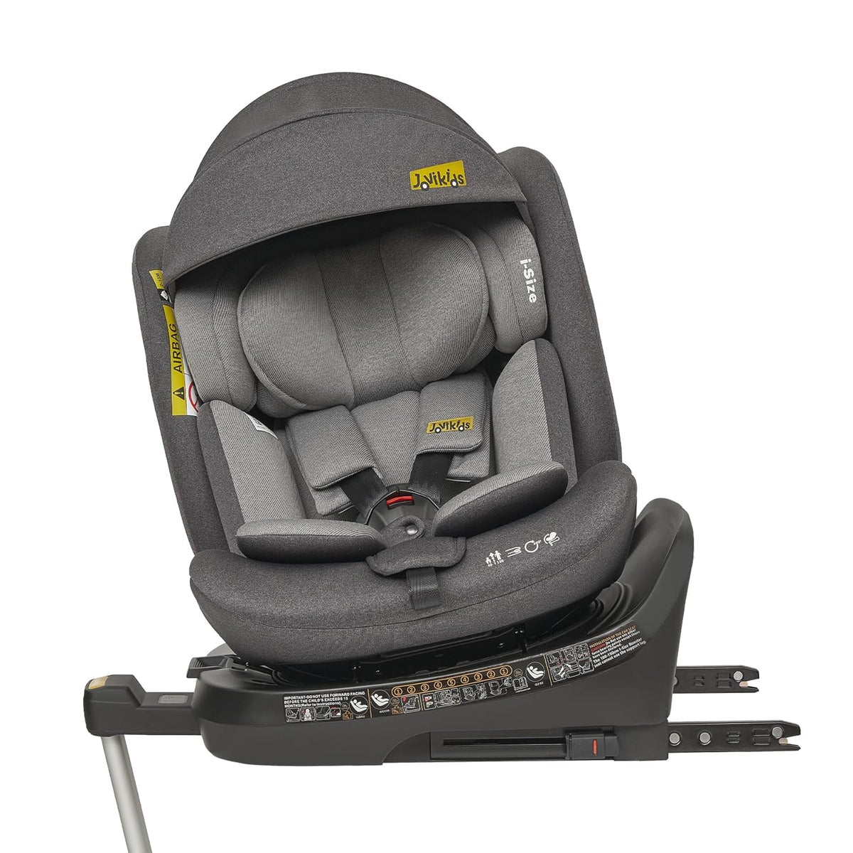 Jovikids 360° draaibaar kinderzitje met ISOFIX, i-size 40-150 cm (vanaf geboorte -12 jaar), babyautostoeltje, reboarder met ligfunctie en afneembare luifel, ECE R129 (grijs)