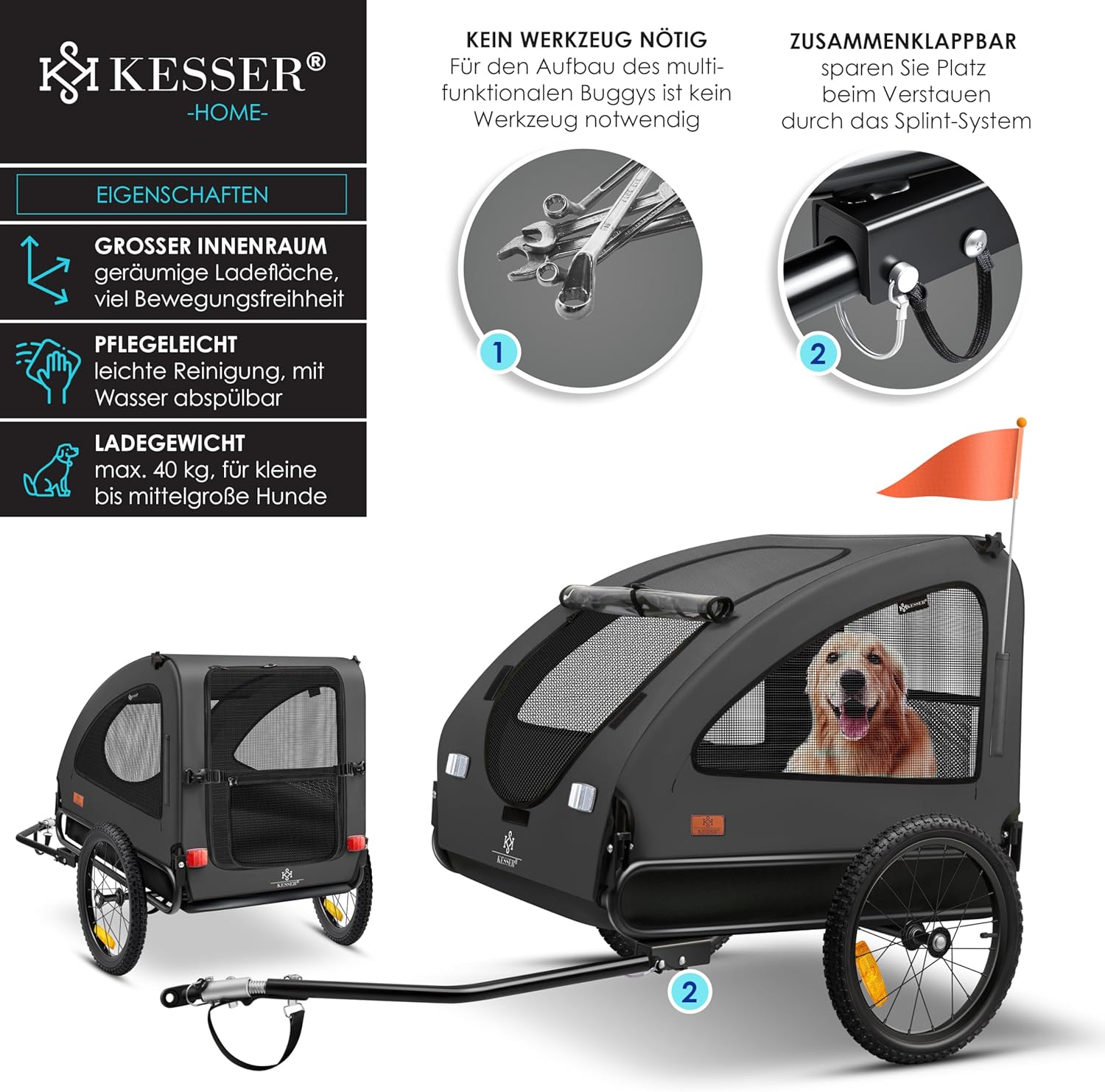 KESSER® Hundeanhänger Boxer 2-in-1 Hundebuggy Fahrradanhänger groß ca. 250L Volumen - Inkl. Fahne und Tasche - 600D Oxford Canvas, Klappbar SmartSpace Concept, max. 45kg