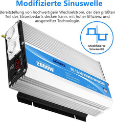 GIANDEL 2000 W gemodificeerde golf omvormer 12 V naar 230 V spanningsomvormer omvormer omvormer converter met afstandsbediening en led-display 2 AC-stopcontacten & USB voor camper