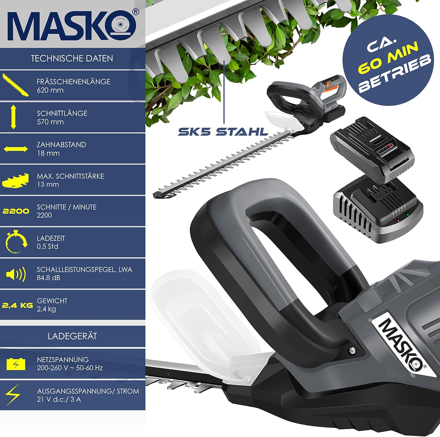 MASKO® Accu Heggenschaar - 57cm snijlengte - Grijs