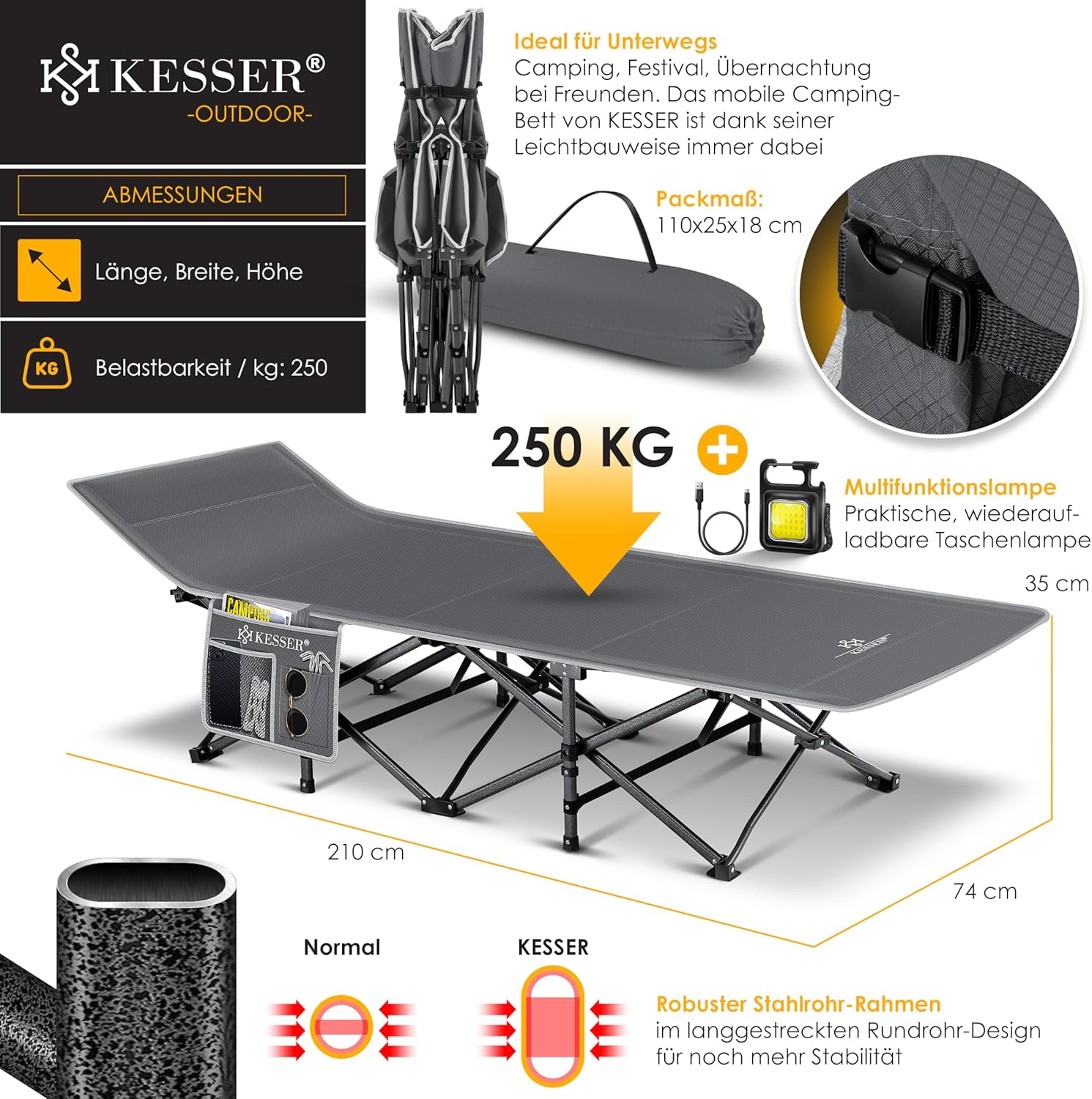 Veldbed - 1 Persoons - Kampeerbed - Stretcher - Grijs - KESSER®