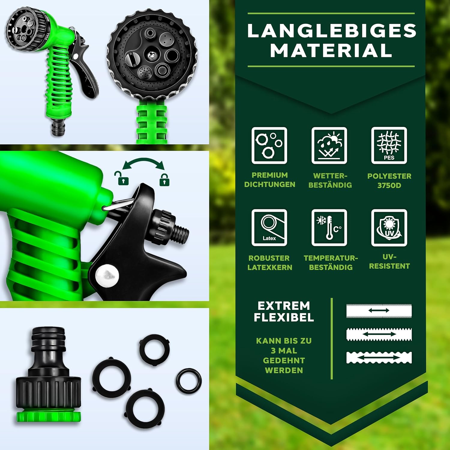 Flexibele Tuinslang - Inc. sproeikop - 15 meter - Groen