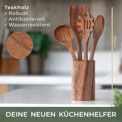 WALDWERK Keukenhulpset van teakhout - 4-delige kooklepelset met spatel, houten lepel, pastaschepper en houder - houten kooklepel - houten spatel - kookgerei set •