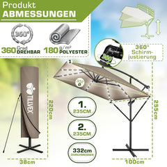 tillvex Rechthoekige aluminium parasol, diameter 330 cm + afdekking met zwengel, zweefparasol, aluminium, rechthoekig met standaard en windbescherming, tuinscherm, uv-bescherming, waterdicht, 360°, cappuccino