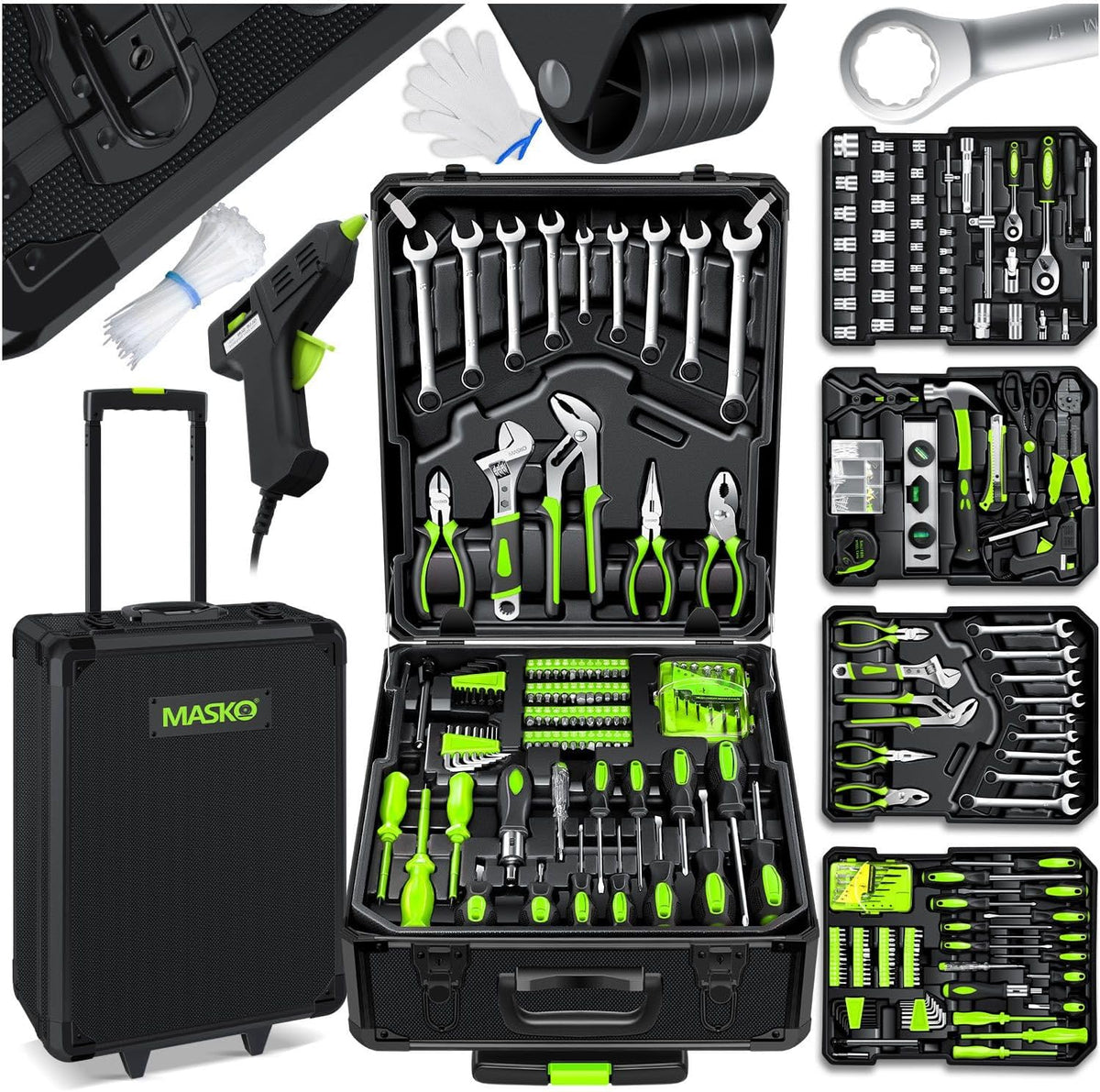 MASKO Gereedschapskoffer, 1400-delig, gevuld, gereedschapsset in aluminium koffer, gereedschapskist met wieltjes, gereedschapskist, huishouden, hobby, auto, trolleyfunctie, professionele