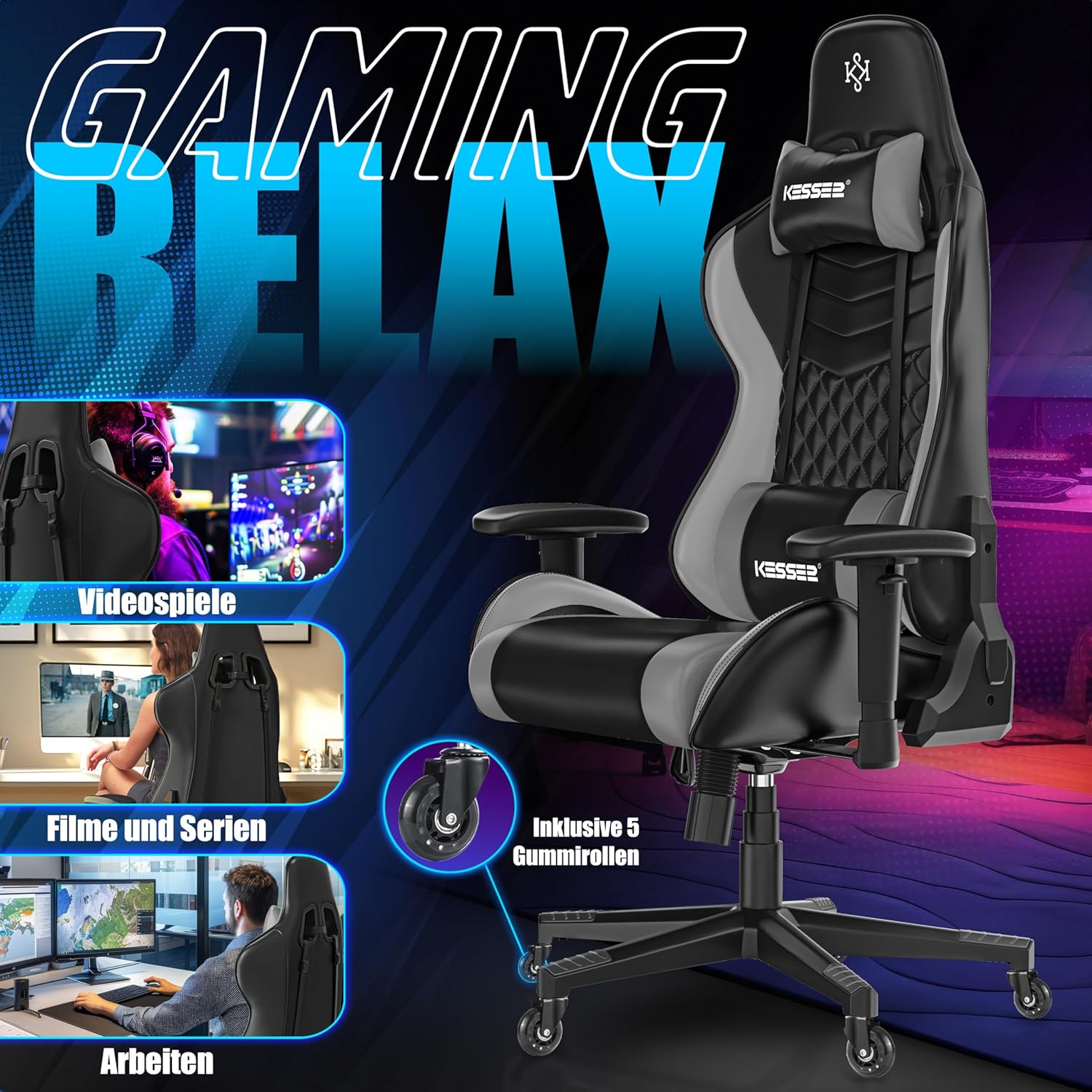 KESSER® Gamingstoel - Bureaustoel - Draaibaar - Zwart